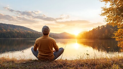 Fototapeta premium A serene moment by the lake embracing nature's beauty at sunrise for inner peace and reflection
