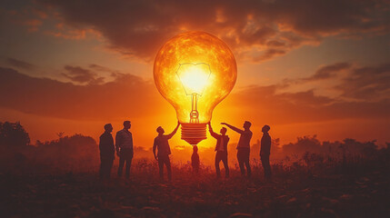 Fototapeta premium Silhouetted figures stand around an enormous glowing lightbulb at sunset, creating a mesmerizing scene of collective energy and enlightenment against a fiery sky