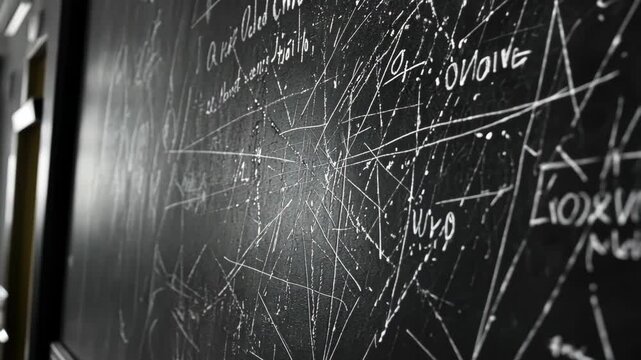A black chalkboard with white chalk scribbles and equations