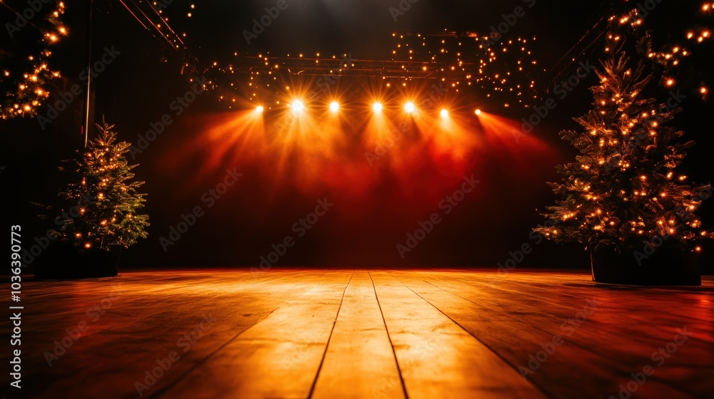 Sticker Festive stage with Christmas trees and warm lighting, perfect for holiday celebrations.