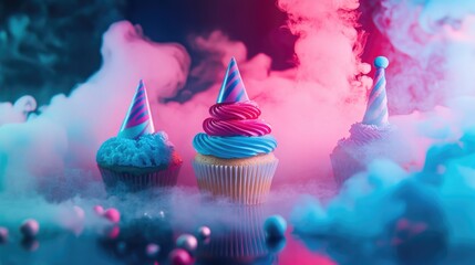 a neon blue and pink gradient, soft puffs of smoke and delicate cupcake and party hat shapes in the background.
