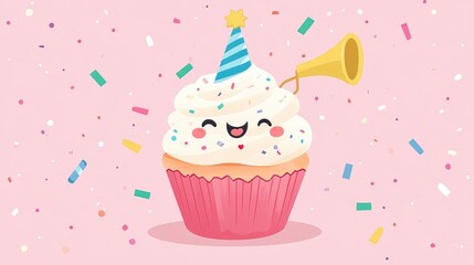 Happy Retirement design featuring an adorable cupcake in kawaii style, blowing a party horn in soft, matte pastels.