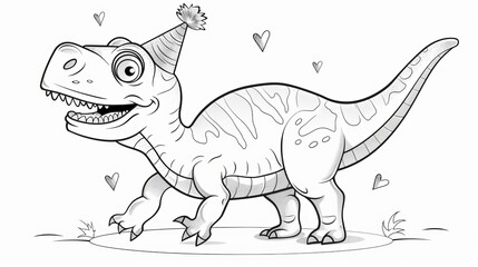 A cute cartoon dinosaur wearing a party hat smiles with hearts around him. Ready to celebrate!