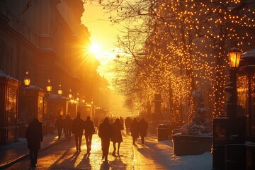 Fototapeta premium Silhouettes of people walking down a snowy street at sunset. The photo depicts the warmth of the evening and the joy of the holiday season.
