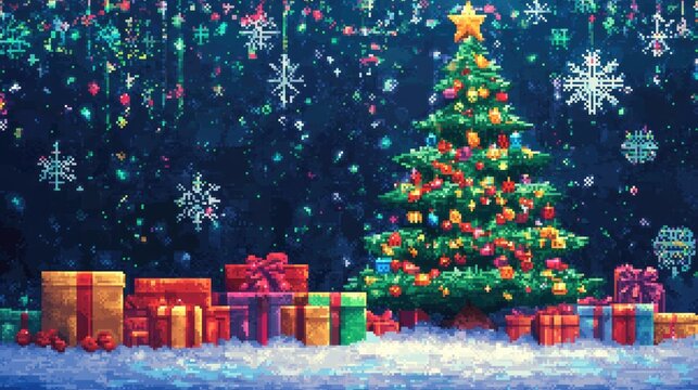 Pixelated Christmas scene with colorful pixel art of a decorated tree, gifts, and snowflakes, set against a festive background. - Powered by Adobe