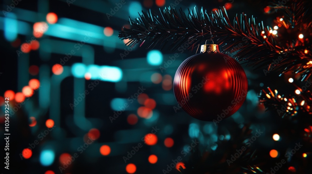 Sticker Red Christmas ornament hanging on tree branch with vibrant blurred lights.