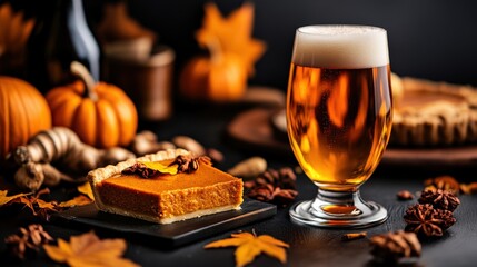 Pumpkin pie slice and beer in a cozy autumn setting with pumpkins and leaves.