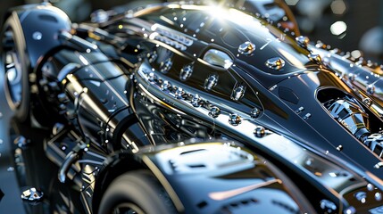 Obraz premium Futuristic battle car highlighted with intricate details, including armored plating and integrated sensors, where reflections of ambient light accentuate its dynamic and advanced design