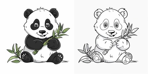 Adorable cartoon panda cub holding bamboo, perfect for coloring pages or kids' books.