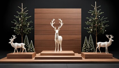 Elegant Reindeer Display with Evergreens on Wooden Platform in a Serene Winter-Themed Setting
