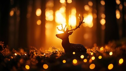 Silhouette of a deer in a forest at sunset with soft glowing lights.