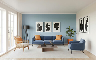 Fototapeta premium Minimalist Scandinavian Interior Blue Sofa & Recliner in Modern Living Room