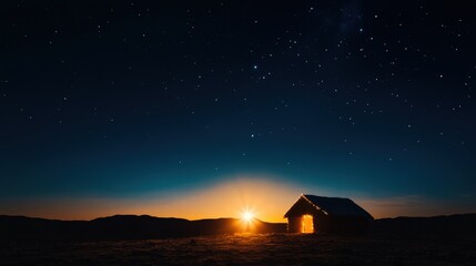 Starlit sky over a solitary cabin at sunset, creating a serene night atmosphere.