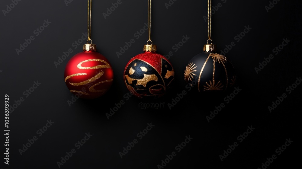 Canvas Prints Three colorful hanging Christmas ornaments on a dark background.