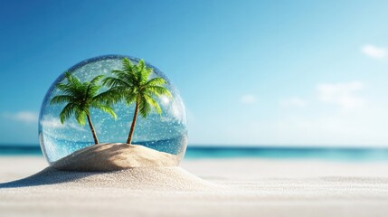 Tropical island scene inside a snow globe on a sandy beach.