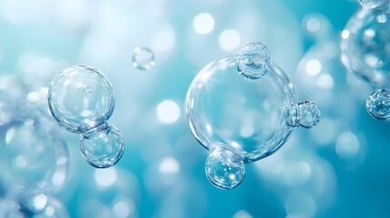 A Close-Up of Water Bubbles Floating Against a Blue and White Background