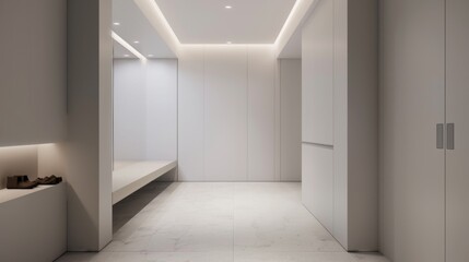 Minimalist mudroom, soft lighting