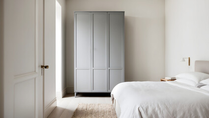 Minimalist bedroom with grey wardrobe and white bed