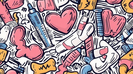 Obraz premium Colorful doodle pattern featuring hearts, syringes, pregnancy tests, and medical elements on a white background. Fun and quirky design.