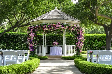 Obraz premium A beautiful white gazebo decorated with vibrant pink, purple, and green flowers is set in the middle of an elegant garden wedding ceremony decor 