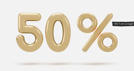 Golden icon, 3d render fifty percent sign, 50 %. Realistic design element. Vector illustration isolated on white background for postcard, icons, poster, banner, web, design, arts. Black Friday Sale