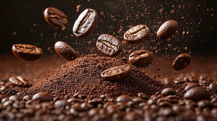 Flying Coffee Beans Above Ground Powder