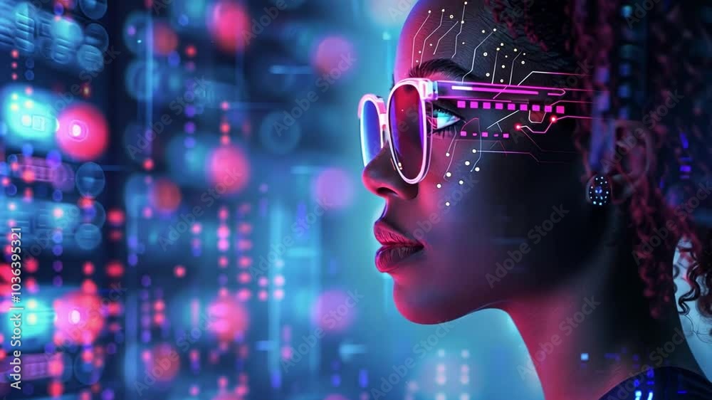 Poster a young woman with glasses contemplates in a vibrant, high-tech setting filled with glowing digital 