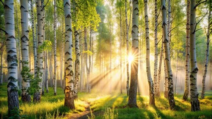 Obraz premium Sunlight Illuminates a Path Through a Birch Forest, Creating an Enchanting Scene of Tranquility and Renewal