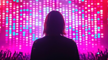 A silhouetted figure enjoys a vibrant concert, illuminated by colorful lights and surrounded by an energetic crowd.