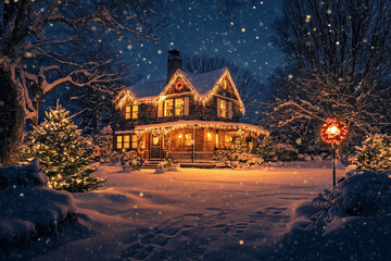 Rustic House with Christmas Lights and Falling Snow