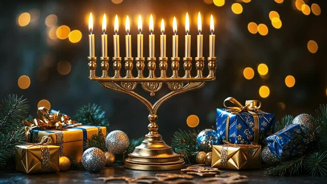 Traditional menorah glowing with candles in a festive Jewish holiday setting