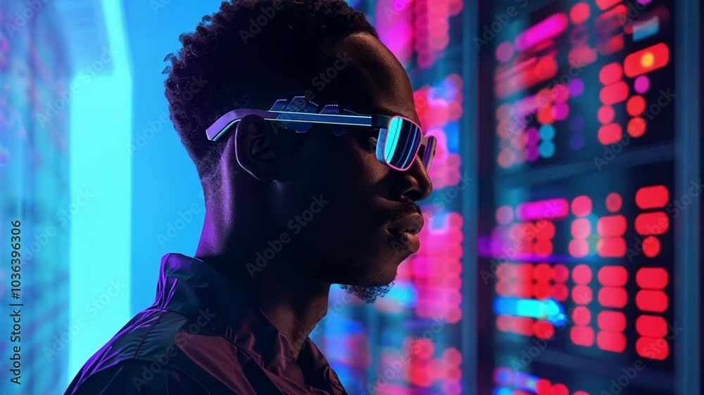 Poster a person is immersed in a cutting-edge tech environment, showcasing bright, colorful digital display