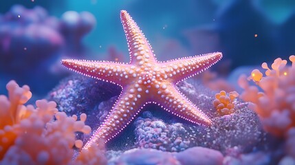 3D Shimmering Starfish Resting on Glowing Coral for Mesmerizing Ocean Decor