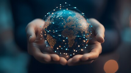 Fototapeta premium Abstract palm hands holding global network connections, innovative technology in science and communication concept. 