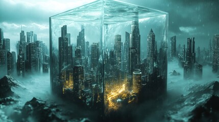 a futuristic city enclosed in a transparent glass cube. In the center of the city, a massive tornado descends from dark, swirling storm clouds, accompanied by vivid lightning strikes.