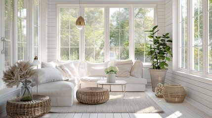 Minimalist sunroom, soft lighting