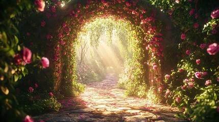 Fototapeta premium A Beautiful Archway Covered in Ivy and Blooming Flowers for Enchanting Garden Decor