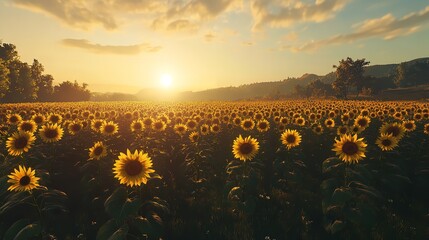 Fototapeta premium Breathtaking View of a Sunflower Field at Golden Hour with Soft Pastel Skies