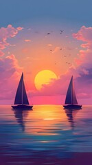 Fototapeta premium 119. A serene sunset over a tranquil sea, with sailboats silhouetted against the horizon