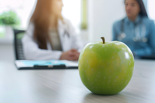 Close-up of a green apple on a desk, in front of a doctor and patient during a weight loss consultation, Generative AI