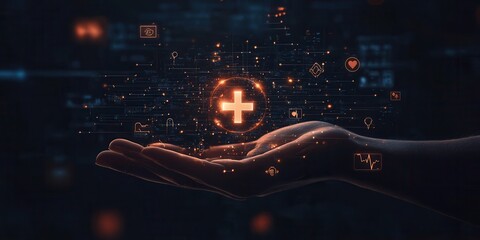 Hand holding glowing digital medical symbols, representing healthcare technology and innovation in a futuristic setting.