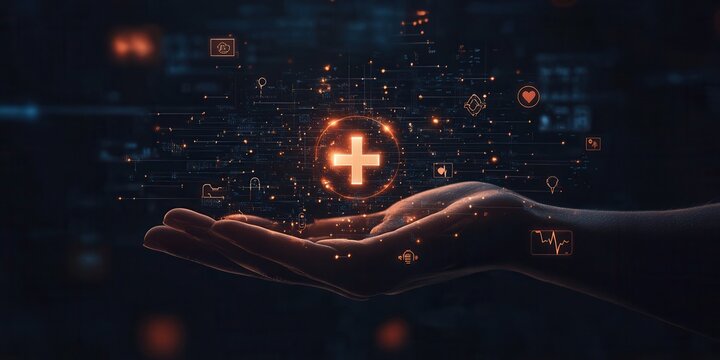 Hand holding glowing digital medical symbols, representing healthcare technology and innovation in a futuristic setting.