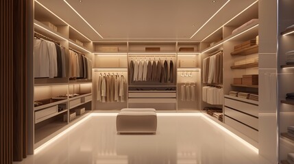 Obraz premium Minimalist walk-in closet, soft lighting