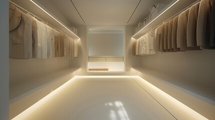 Obraz premium Minimalist walk-in closet, soft lighting