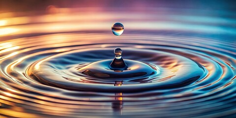 The Tranquil Dance of a Water Drop, Creating Concentric Ripples in a Liquid Surface, Reflecting the Hues of a Serene Sunset