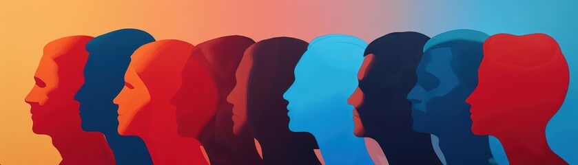 A Close-up Shot of a Layered silhouettes of people with a mix of bold and pastel hues