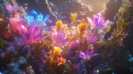 Futuristic Flowerbed with Glowing Flowers in a Vibrant Pastel Colored Garden Scene
