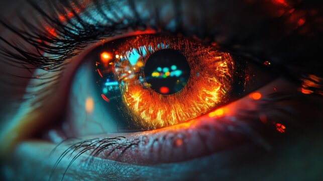 human eye zoomed in laser show iris with a big rave mirroring inside it, very detailed human eye, big rave, big laser show, big party, hardstyle, Lighting, Global Illumination, Ray Tracing Reflections