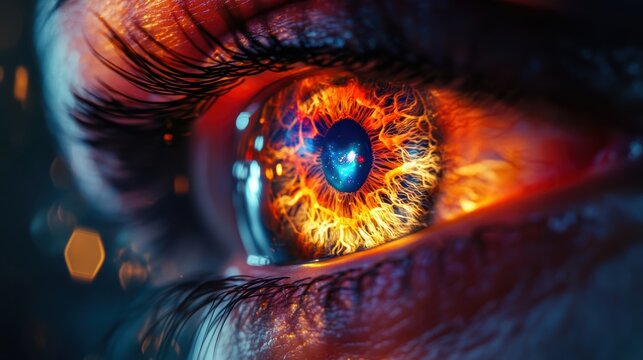 human eye zoomed in laser show iris with a big rave mirroring inside it, very detailed human eye, big rave, big laser show, big party, hardstyle, Lighting, Global Illumination, Ray Tracing Reflections
