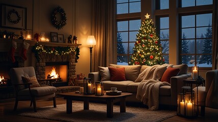 Obraz premium Cozy Christmas Living Room With Tree and Fireplace